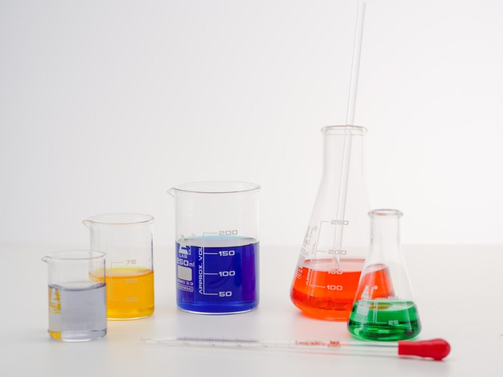 glass beakers in a lab