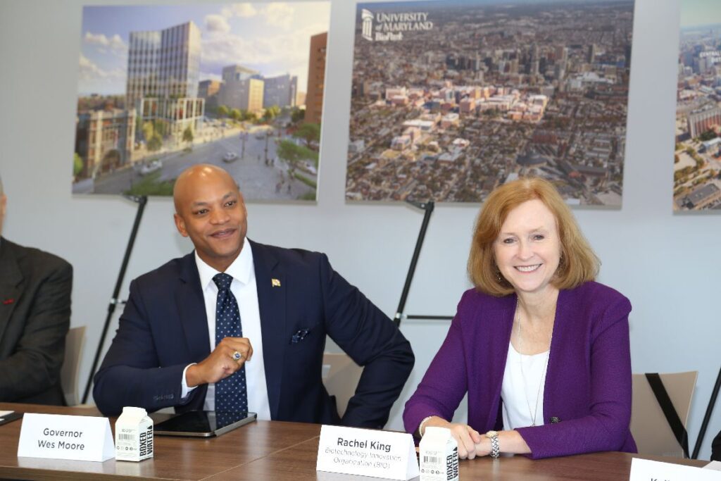 Maryland Gov. Wes Moore and BIO CEO Rachel King at the University of Maryland BioPark
