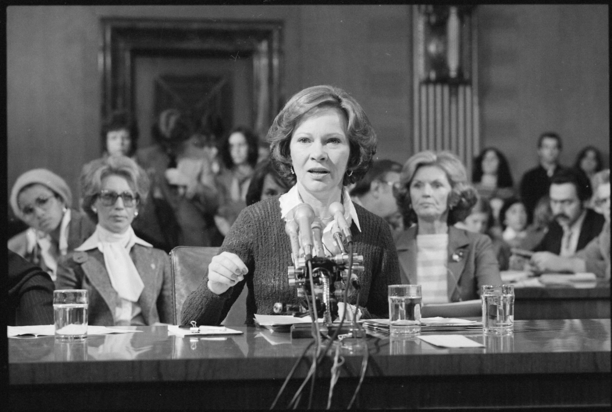 Rosalynn Carter testifying before a Senate subcommittee hearing