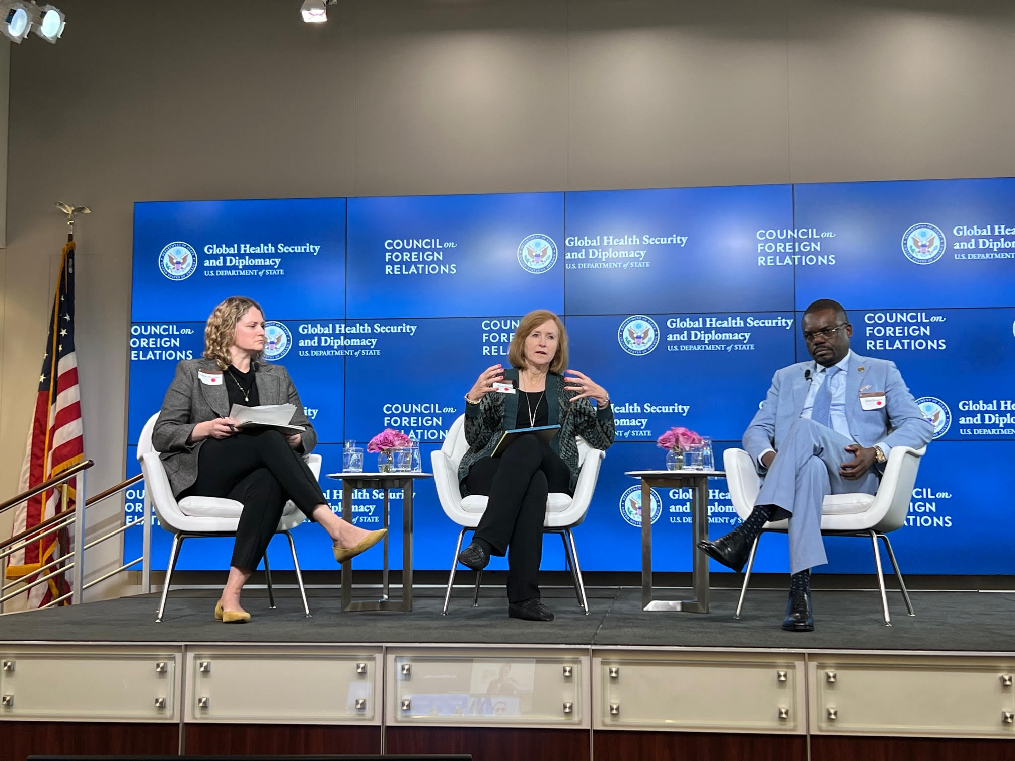 Photo of Rachel King (center) speaking at the Council on Foreign Relations and U.S. State Department panel on November 13, 2023