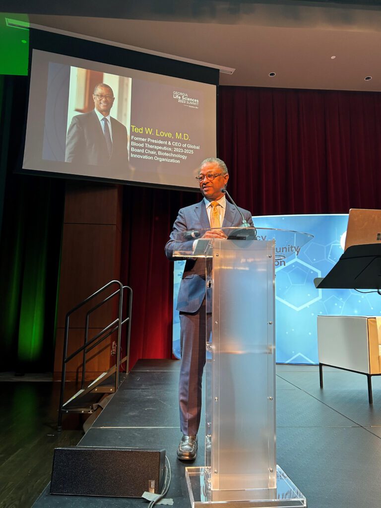 BIO Chair Dr. Ted W. Love speaking at the Georgia Bio 2023 Life Sciences Summit (Credit: BIO)