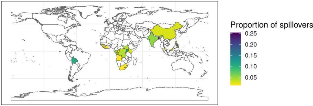 The proportion of the 75 included spillover events caused by Ebolaviruses, Marburg virus, SARS Coronavirus, Nipah virus, and Machupo virus, by country.