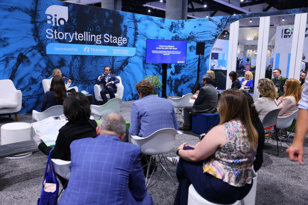 INDY NXT driver James Roe speaks at the Storytelling Stage at the 2026 Biotechnology Innovation Organization (BIO) International Convention in San Diego.