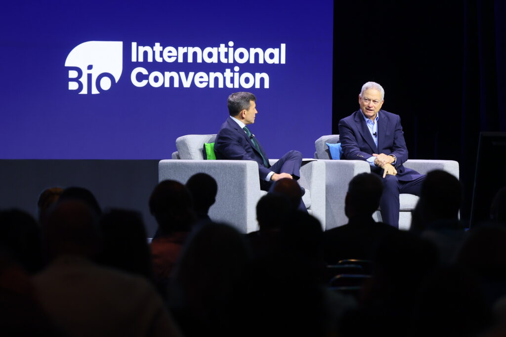 BIO President & CEO John F. Crowley and actor and philanthropist Gary Sinise at the 2026 BIO International Convention
