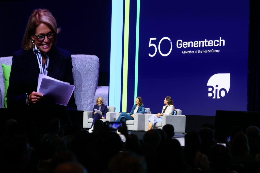Genentech, NVIDIA, and Katie Couric at the 2026 BIO International Convention - discussing AI and biotech's 50th anniversary.