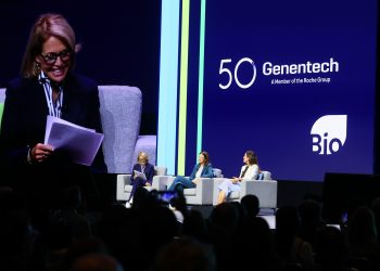 Genentech, NVIDIA, and Katie Couric at the 2026 BIO International Convention - discussing AI and biotech's 50th anniversary.